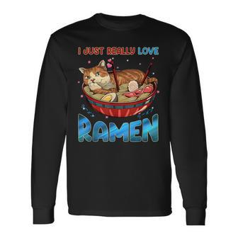 Funny Kawaii Anime Cats Love Ramen Japanese Noodles V2 Men Women Long Sleeve T-shirt Graphic Print Unisex - Seseable