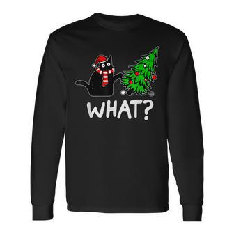 Funny Naughty Black Cat Pushing Christmas Tree Over Cat What Men Women Long Sleeve T-shirt Graphic Print Unisex - Seseable