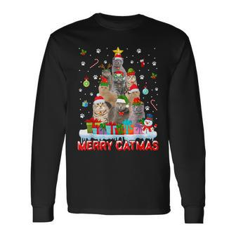 Funny Scottish Fold Cat Lovers Cute Holiday Christmas Tree Men Women Long Sleeve T-shirt Graphic Print Unisex - Seseable