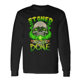 Funny Skull Smoking Weed Stoned To The Bone Halloween Men Women Long Sleeve T-shirt Graphic Print Unisex - Seseable