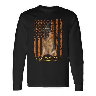 German Shepherd Dog Pumpkin American Flag Witch Halloween V2 Men Women Long Sleeve T-Shirt T-shirt Graphic Print - Thegiftio UK