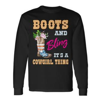 Girls Boots Bling Its A Cowgirl Thing Usa Flag Cute Cowgirl Long Sleeve T-Shirt - Seseable