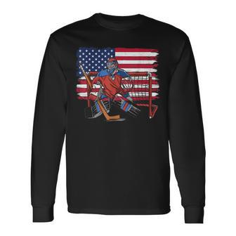 Goalkeeper Ice Hockey Goalie Vintage Usa Flag For Patriot Men Women Long Sleeve T-shirt Graphic Print Unisex - Seseable