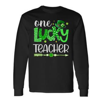 Green Leopard Shamrock One Lucky Teacher St Patricks Day Long Sleeve T-Shirt - Seseable