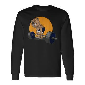 Grizzly Bear Lifting Heavy Weights Fitness Gift Men Women Long Sleeve T-shirt Graphic Print Unisex - Seseable