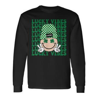 Groovy Smile Face Lucky Vibes Shamrock St Patricks Day Long Sleeve T-Shirt - Seseable