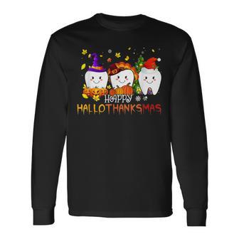 Hallothanksmas Th Dental Halloween Thanksgiving Christmas Men Women Long Sleeve T-Shirt T-shirt Graphic Print - Thegiftio UK