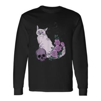 Halloween Cat Skull Moon And Roses Goth Cat Lover Men Women Long Sleeve T-Shirt T-shirt Graphic Print - Thegiftio UK