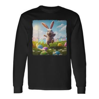 Happy Easter Bunny Hopping Over Colored Eggs Long Sleeve T-Shirt | Mazezy