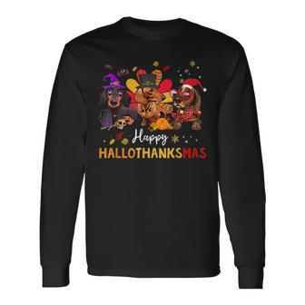 Happy Hallothanksmas Dachshund Halloween Thanksgiving Xmas Men Women Long Sleeve T-Shirt T-shirt Graphic Print - Thegiftio UK