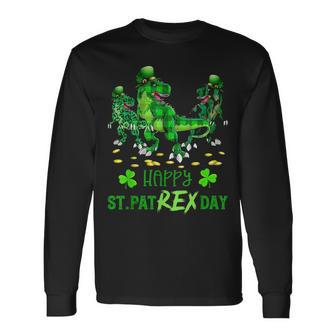 Happy St Pat Rex Day Rex Dinosaur Green Plaid Patricks Day Long Sleeve T-Shirt - Seseable