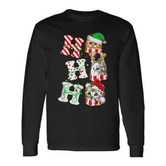 Ho Ho Ho Cats Santa Hat Lights Antlers Christmas Gifts Men Women Long Sleeve T-shirt Graphic Print Unisex - Seseable