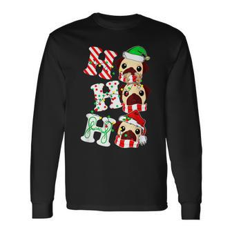 Ho Ho Ho Pug Dog Santa Hat Lights Antlers Christmas Gifts Men Women Long Sleeve T-shirt Graphic Print Unisex - Seseable