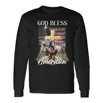 Horse God Bless America Praying Hand Eagle 4Th Of July Men Women Long Sleeve T-shirt Graphic Print Unisex - Seseable