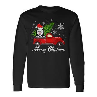 Husky Dog Riding Red Truck Christmas Decorations Pajama Men Women Long Sleeve T-shirt Graphic Print Unisex - Seseable