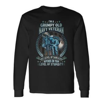 I’M A Grumpy Old US Veteran My Level Of Sarcasm Depends On Your Level Of Stupidity Long Sleeve T-Shirt - Seseable