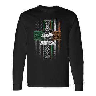 Irish Pride American Flag Celtic Cross St Patricks Day Long Sleeve T-Shirt - Seseable