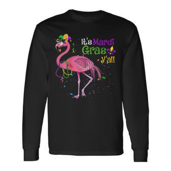 Its Mardi Gras Yall Funny Flamingo Mardi Gras Mask Beads Men Women Long Sleeve T-shirt Graphic Print Unisex - Seseable