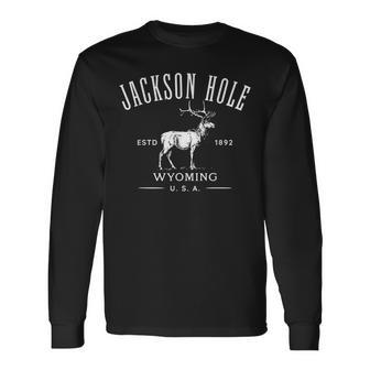 Jackson Hole Wyoming Usa Estd 1892 With Elk Souvenir Design Men Women Long Sleeve T-shirt Graphic Print Unisex - Seseable