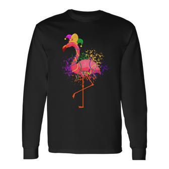 Jester Pink Flamingo Bird Animal Cute Mardi Gras Carnival Long Sleeve T-Shirt - Seseable