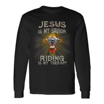 Jesus Is My Savior Riding Is My Therapy Motorcycle Lovers Men Women Long Sleeve T-shirt Graphic Print Unisex - Seseable