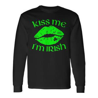 Kiss Me Im Irish Lips Sexy St Patricks Day Long Sleeve T-Shirt - Seseable