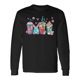 Latte Coffee Cups Rabbit Bunny Ears Vintage Style Easter Day Long Sleeve T-Shirt - Seseable
