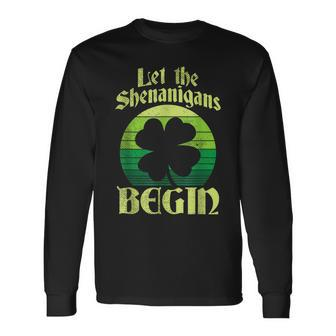 Let The Shenanigans Begin Retro Shamrock Fun St Patricks Day Long Sleeve T-Shirt - Seseable