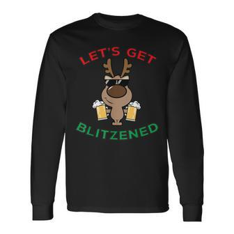 Lets Get Blitzened Funny Beer Reindeer Bar Party Men Women Long Sleeve T-shirt Graphic Print Unisex - Seseable