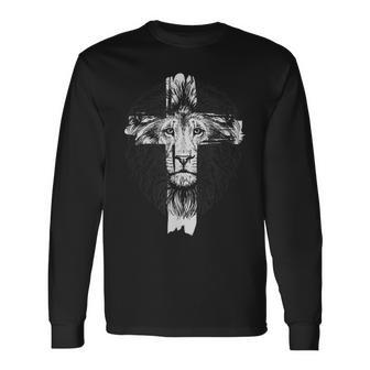 Lion Cross God Christian Religion Lions Christian Long Sleeve T-Shirt - Seseable