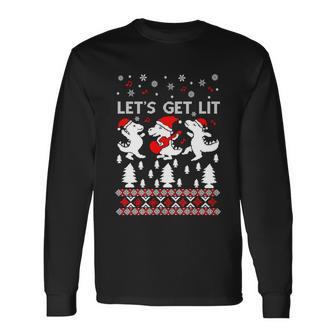 Lets Get Lit Pajamas Dinosaur Ugly Christmas Sweater Long Sleeve T-Shirt - Monsterry DE