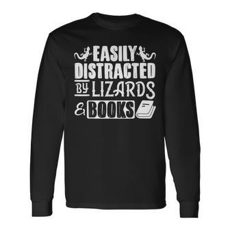 Lizard Book Reptile Easily Distracted By Lizards & Books Men Women Long Sleeve T-shirt Graphic Print Unisex - Seseable
