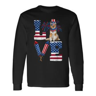 Love Fireworks American Flag Shetland Sheepdog 4Th Of July Long Sleeve T-Shirt | Mazezy