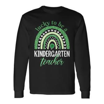 Lucky To Be A Kindergarten Teacher St Patricks Day Leopard Long Sleeve T-Shirt - Seseable