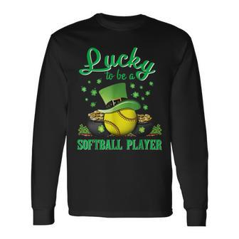 Lucky To Be A Softball Player St Patricks Day Lucky Clover Long Sleeve T-Shirt - Seseable