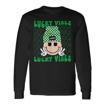 Lucky Vibes Hippie Groovy St Patricks Day Shamrock Irish Long Sleeve T-Shirt - Seseable