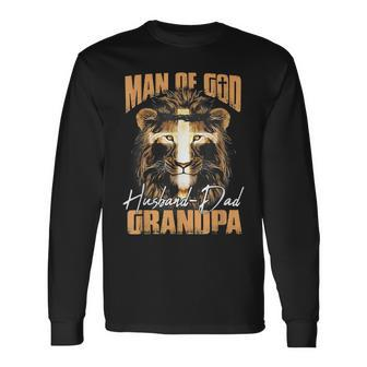 Man Of God Lion Husband Dad Grandpa Christian Fathers Day Long Sleeve T-Shirt - Seseable