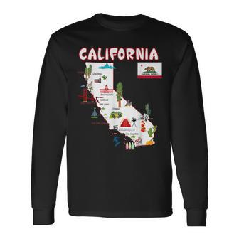 Map Of California Landmarks Major Cities Flag Long Sleeve T-Shirt T-Shirt | Mazezy