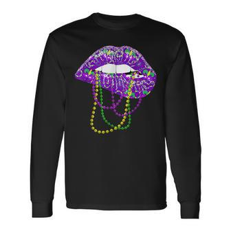 Mardi Gras Carnival Costume Purple & Gold Fleur De Lis Lips V2 Long Sleeve T-Shirt - Seseable
