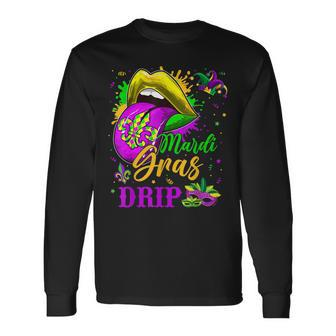 Mardi Gras Dripping Lips Mardi Gras Drip Colors V2 Long Sleeve T-Shirt - Seseable