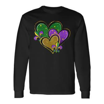 Mardi Gras Heart Glitter Print Fleur-De-Lis Symbol Long Sleeve T-Shirt T-Shirt | Mazezy