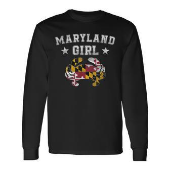 Maryland Girl Flag Blue Crab State Pride Retro Long Sleeve T-Shirt T-Shirt | Mazezy