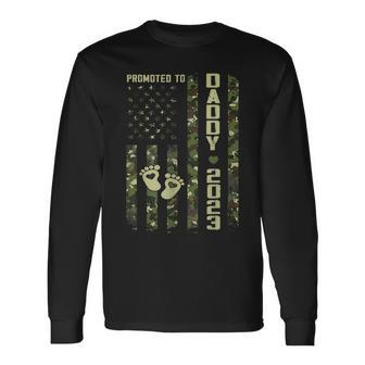 Mens Promoted To Daddy Est 2023 Fathers Day Camo American Flag Men Women Long Sleeve T-shirt Graphic Print Unisex - Seseable