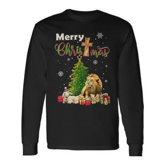 Merry Christmas Christian Lion Christmas Tree Xmas Long Sleeve T-Shirt - Seseable