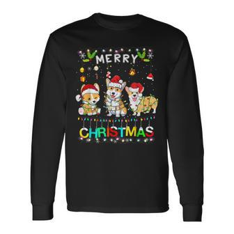 Merry Christmas Corgis Santa Hat Lights Xmas Corgis Men Women Long Sleeve T-shirt Graphic Print Unisex - Seseable