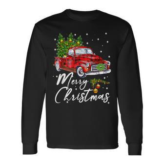 Merry Christmas Vintage Wagon Red Truck Pajama Family Party Men Women Long Sleeve T-shirt Graphic Print Unisex - Seseable