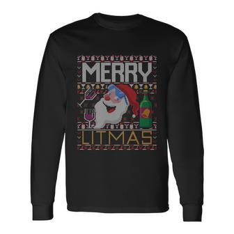 Merry Litmas Lit Santa Claus Wine Ugly Christmas Sweater Long Sleeve T-Shirt - Monsterry