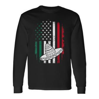 Mexico And Usa American Flag With Sombrero For Cinco De Mayo Long Sleeve T-Shirt T-Shirt | Mazezy