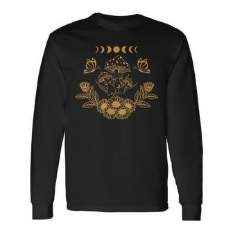 Mushroom & Butterfly With Floral And Moon Phase Long Sleeve T-Shirt T-Shirt | Mazezy