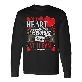 My Heart Belongs To A Veteran Awesome Valentines Day Men Women Long Sleeve T-shirt Graphic Print Unisex - Seseable